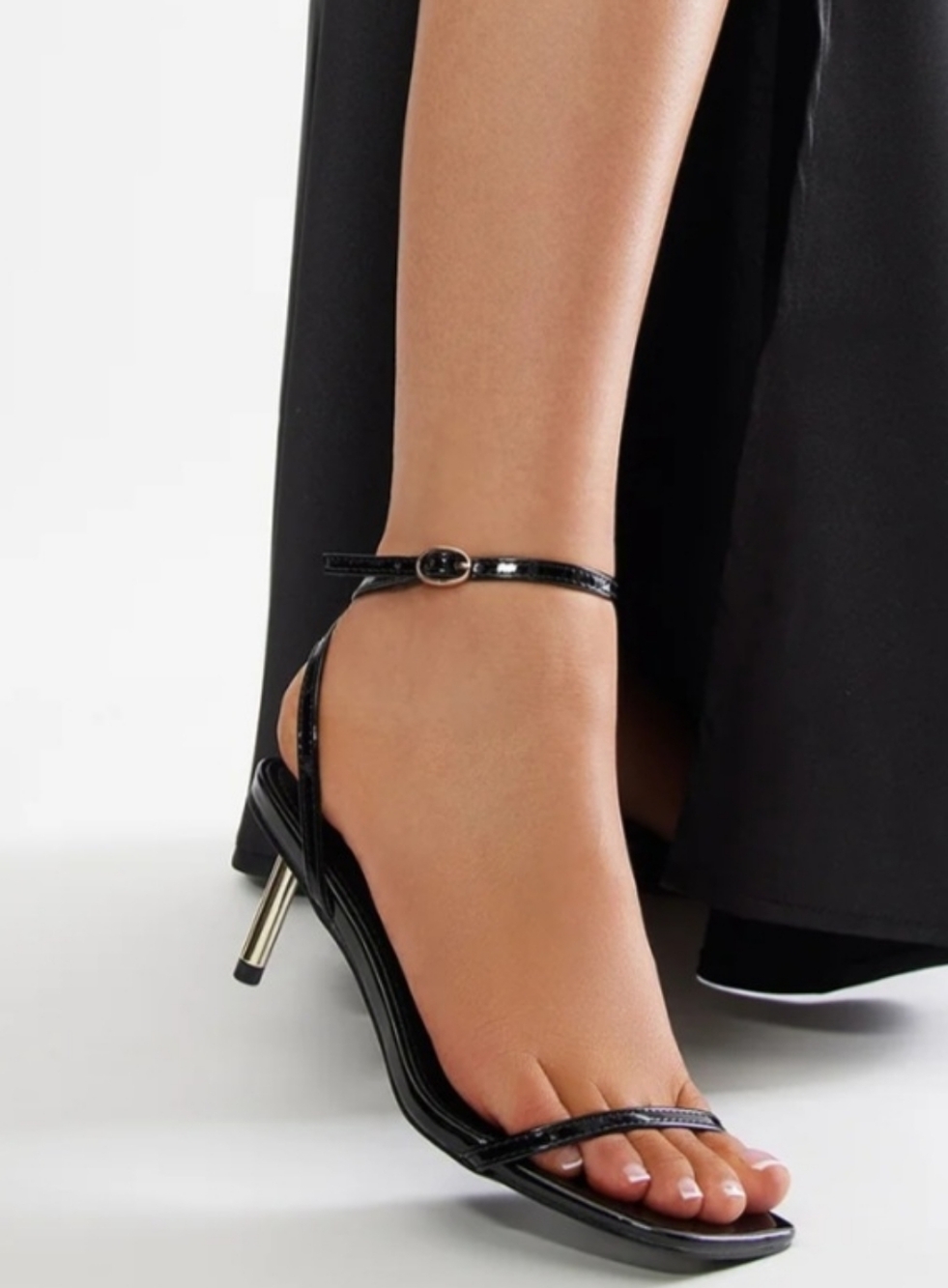 Fashion Nova Shoes Black 7 Patent Strappy Slingback Heels  with Gold Stiletto